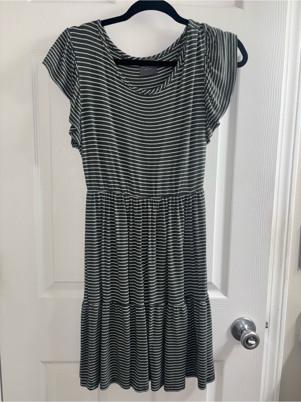 Olivia Rae Olive Green & White Striped Tiered Short Sleeve Dress